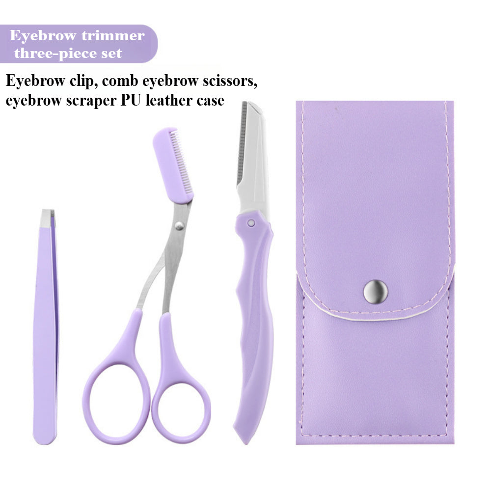 3-Piece Eyebrow Grooming Kit – Purple Eyebrow Scissors, Tweezers & Trimmer Razor for Facial Hair Shaping & Removal
