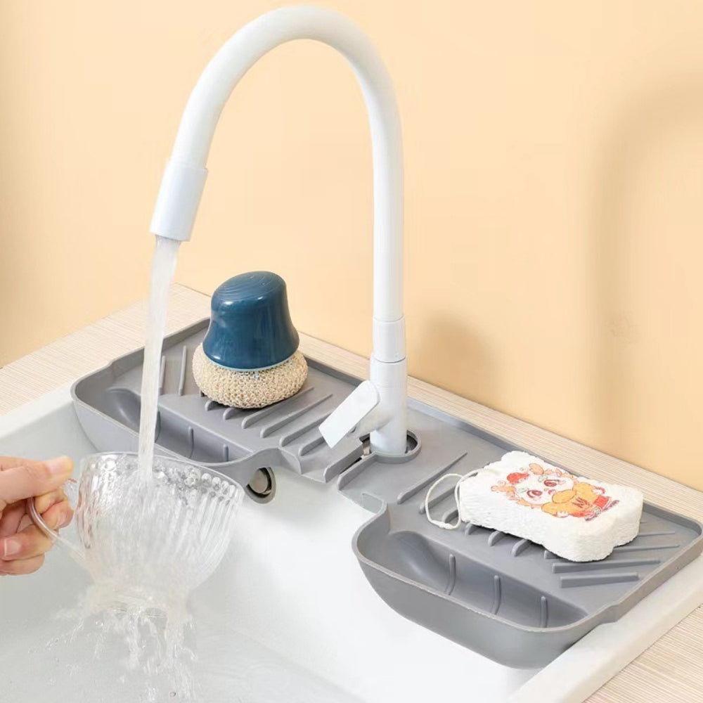 Multi-Functional Silicone Faucet Splash Guard Mat - Water Catcher, Sponge Holder & Sink Organizer for Kitchen & Bathroom