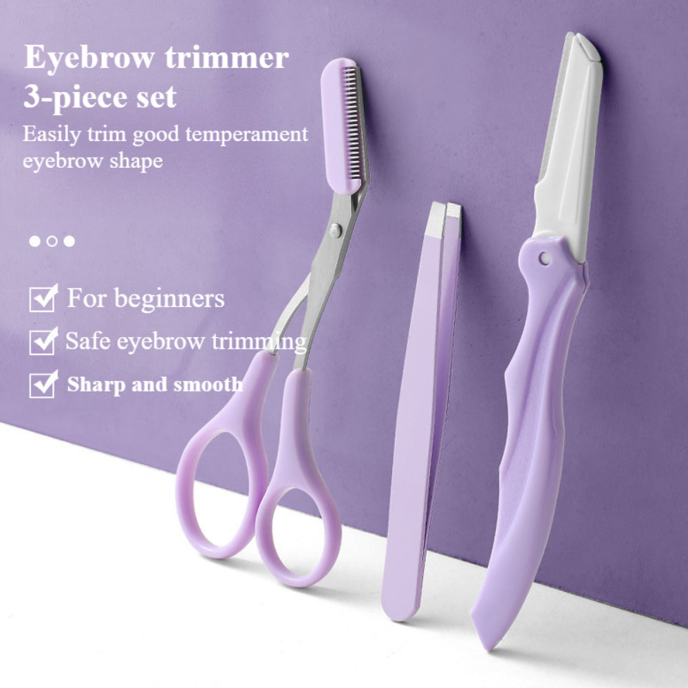 3-Piece Eyebrow Grooming Kit – Purple Eyebrow Scissors, Tweezers & Trimmer Razor for Facial Hair Shaping & Removal
