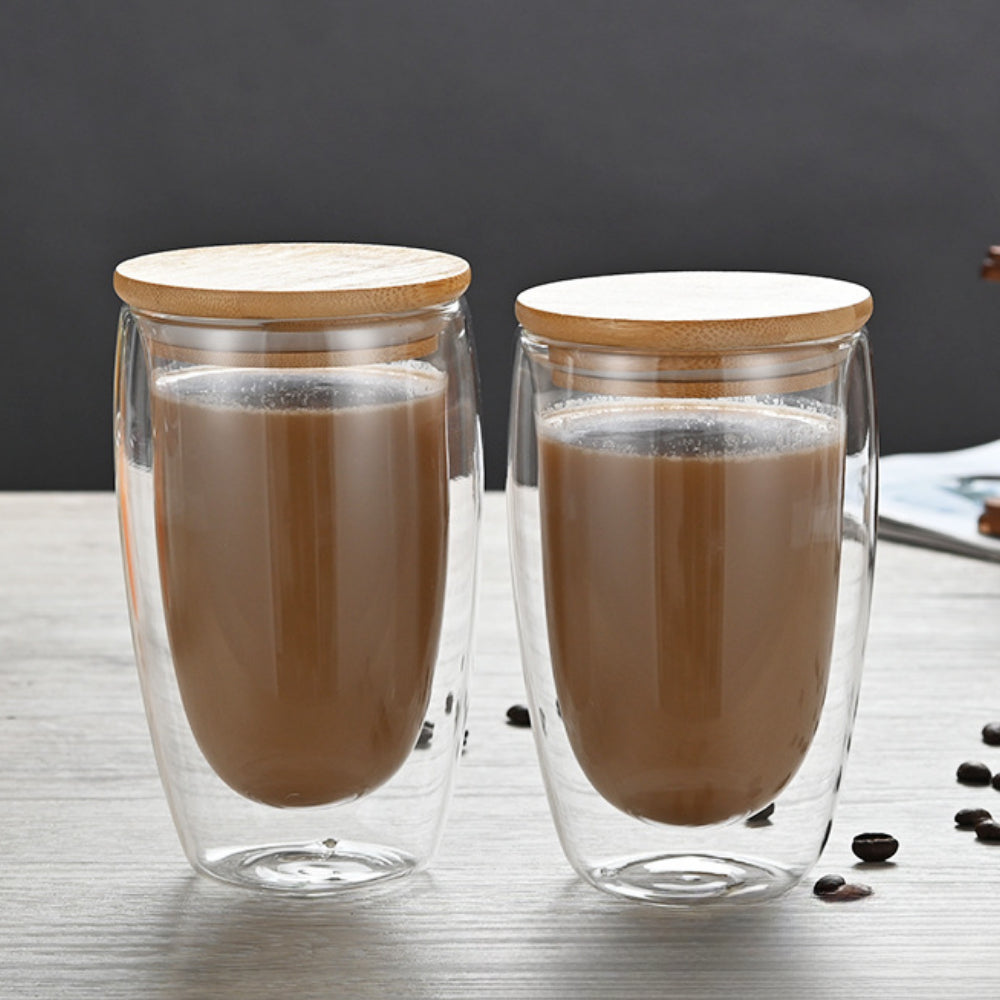 Double Walled Glass Coffee Mugs with Bamboo Lid & Handle – Insulated Clear Cups for Coffee, Tea, Cappuccino etc.