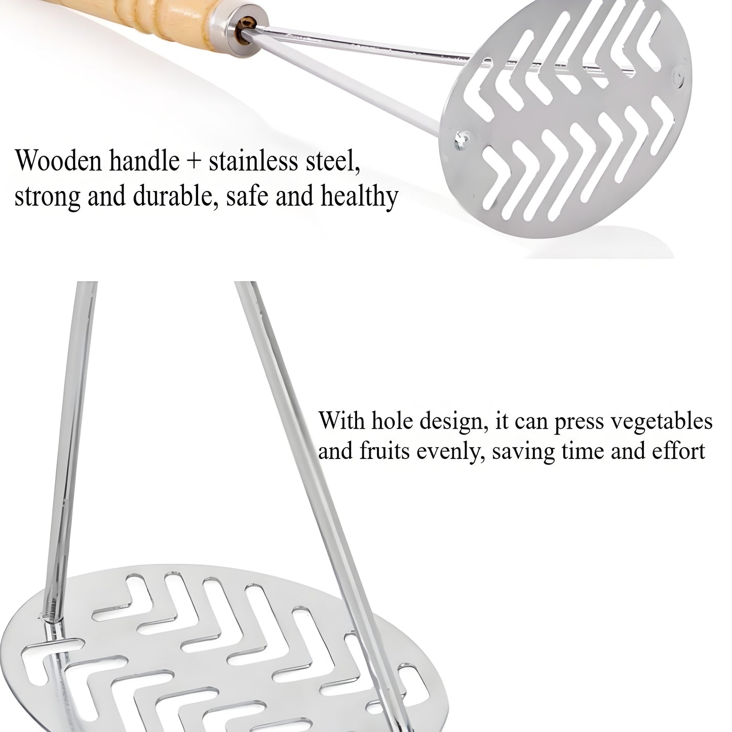 Stainless Steel Potato Masher with Wooden Handle - Heavy Duty Metal Masher for Potatoes, Sweet Potatoes & Vegetables