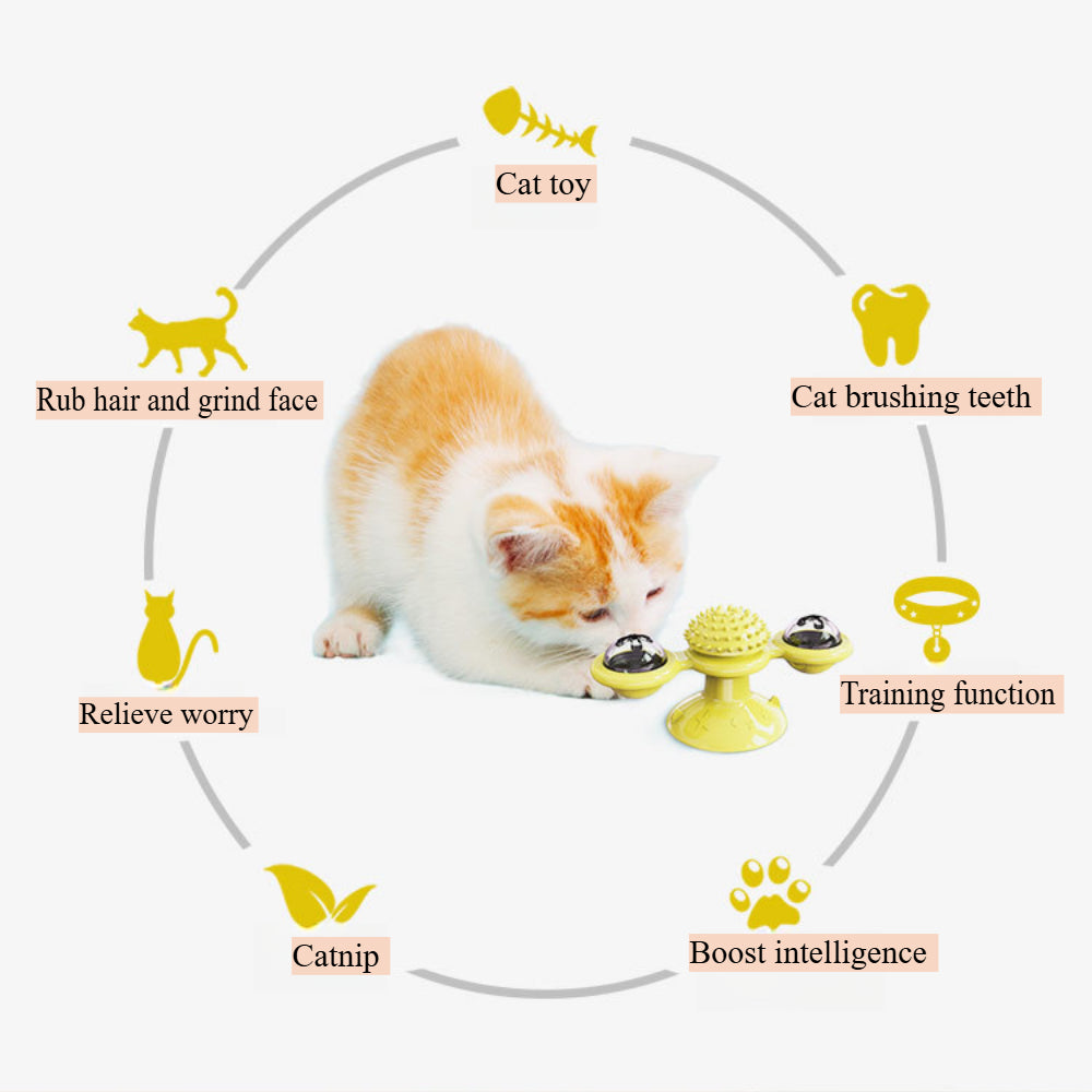 Interactive Windmill Cat Toy with Suction Cup - Rotating Catnip & Light-Up Ball for Dental Health & Mental Stimulation