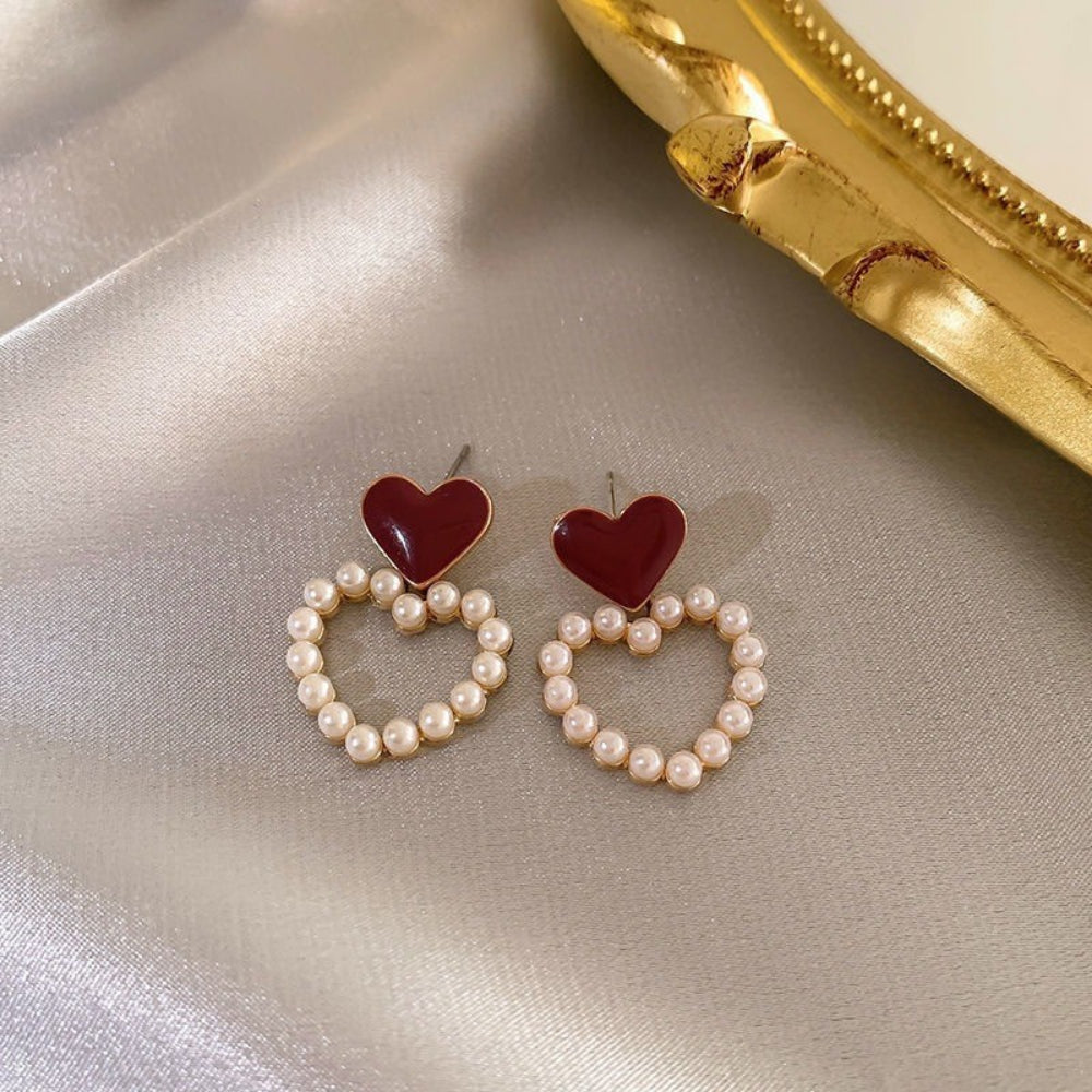 5-Pair Vintage Pearl Earrings Set - S925 Silver Needle Earrings in Wine Red with Advanced Retro Design