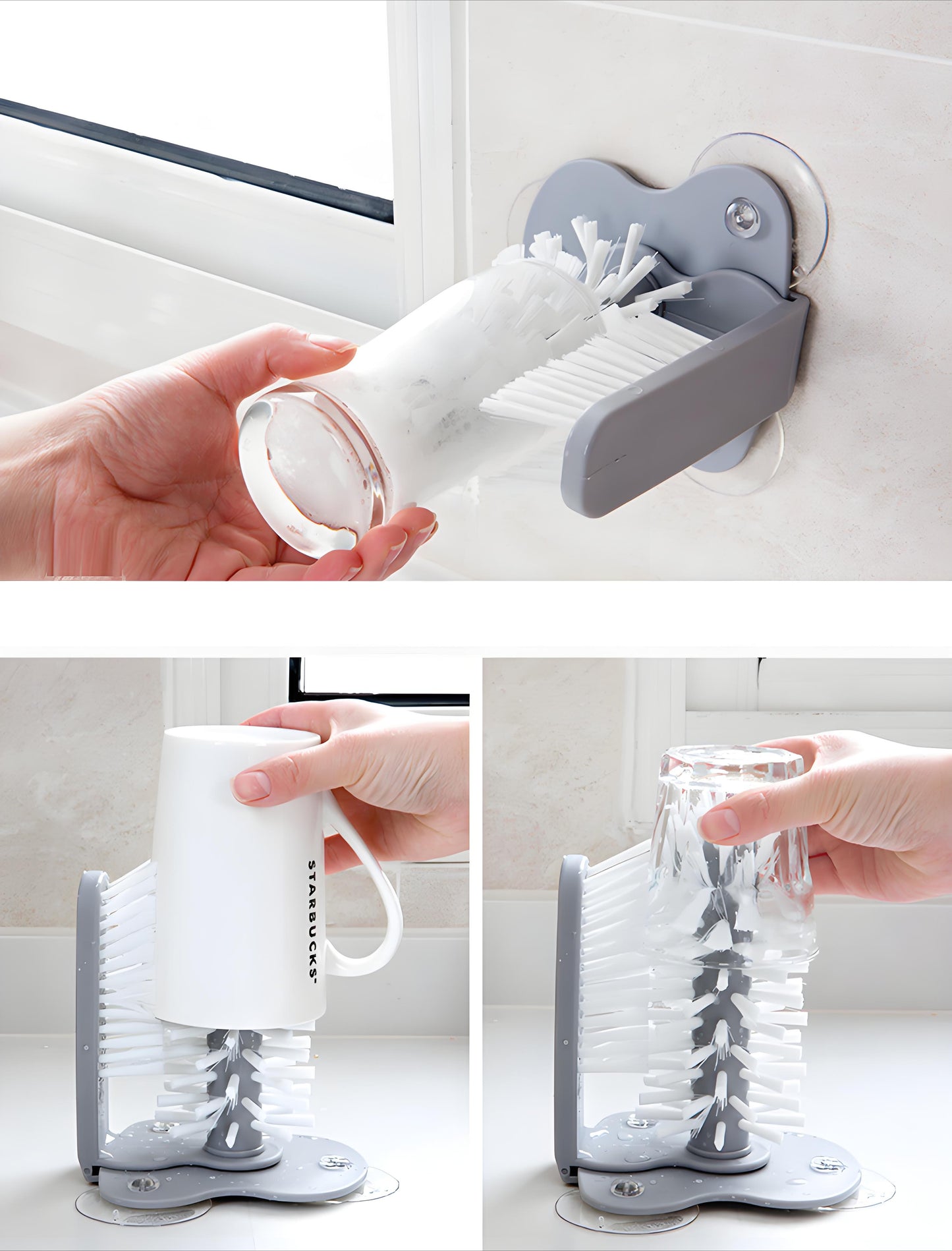 2-in-1 Suction Cup Scrubber Brush - Glass/Mug Cleaner for Bottles, Wine Glasses & Kitchenware with Ergonomic Handle