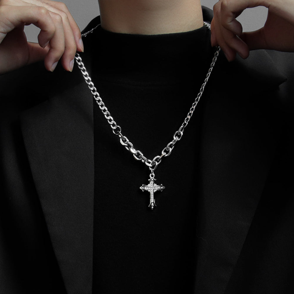 Edgy Layered Cross Choker - Chunky Punk Cuban Chain Necklace with Gothic Crucifix Charm - Silver Gothic Jewelry for Women