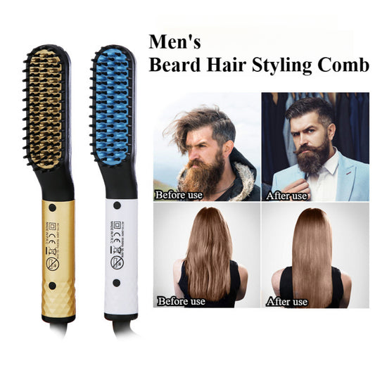 2-in-1 Electric Hair Straightener & Curling Brush – Dual Voltage Fast Heating, Anti-Scald Design for Men & Women