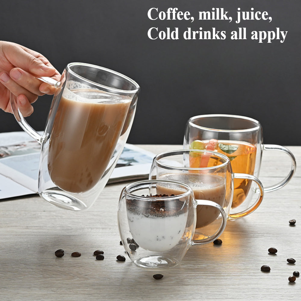 Double Walled Glass Coffee Mugs with Bamboo Lid & Handle – Insulated Clear Cups for Coffee, Tea, Cappuccino etc.