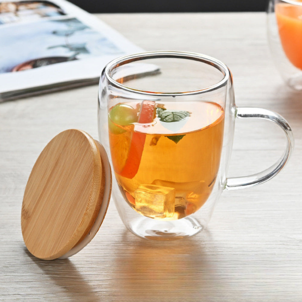 Double Walled Glass Coffee Mugs with Bamboo Lid & Handle – Insulated Clear Cups for Coffee, Tea, Cappuccino etc.