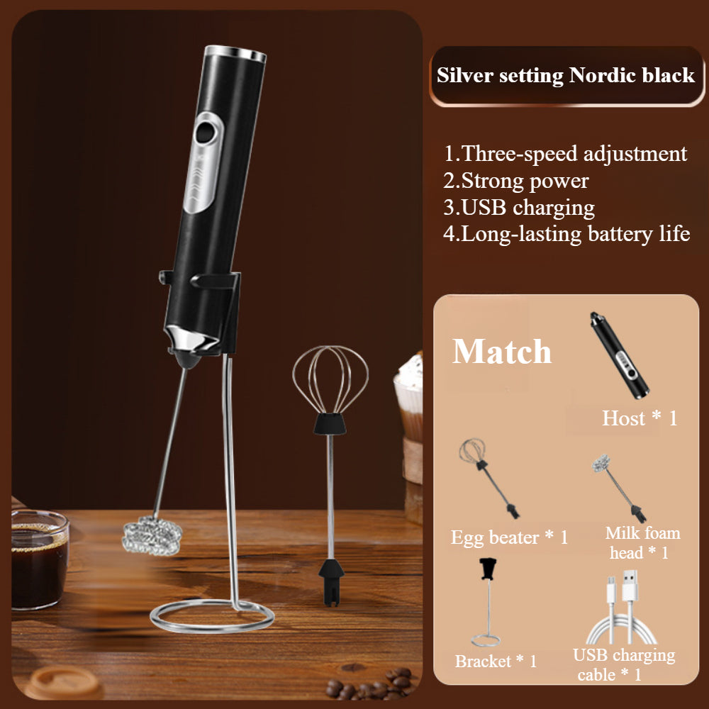 Milk Frother Electric - 3-Speed Adjustable Coffee Whisk with 2 Stainless Steel Attachments (Rechargeable)
