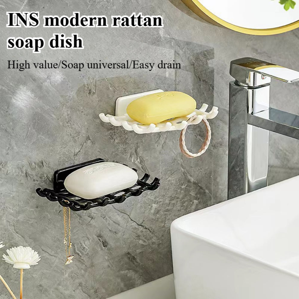 2-Pack Self-Draining Soap Dish for Shower - No Drill Adhesive Wall Mount Soap Holder with Hooks for Bathroom & Kitchen (Black/White)