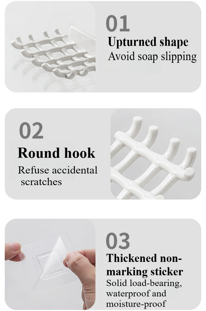 2-Pack Self-Draining Soap Dish for Shower - No Drill Adhesive Wall Mount Soap Holder with Hooks for Bathroom & Kitchen (Black/White)