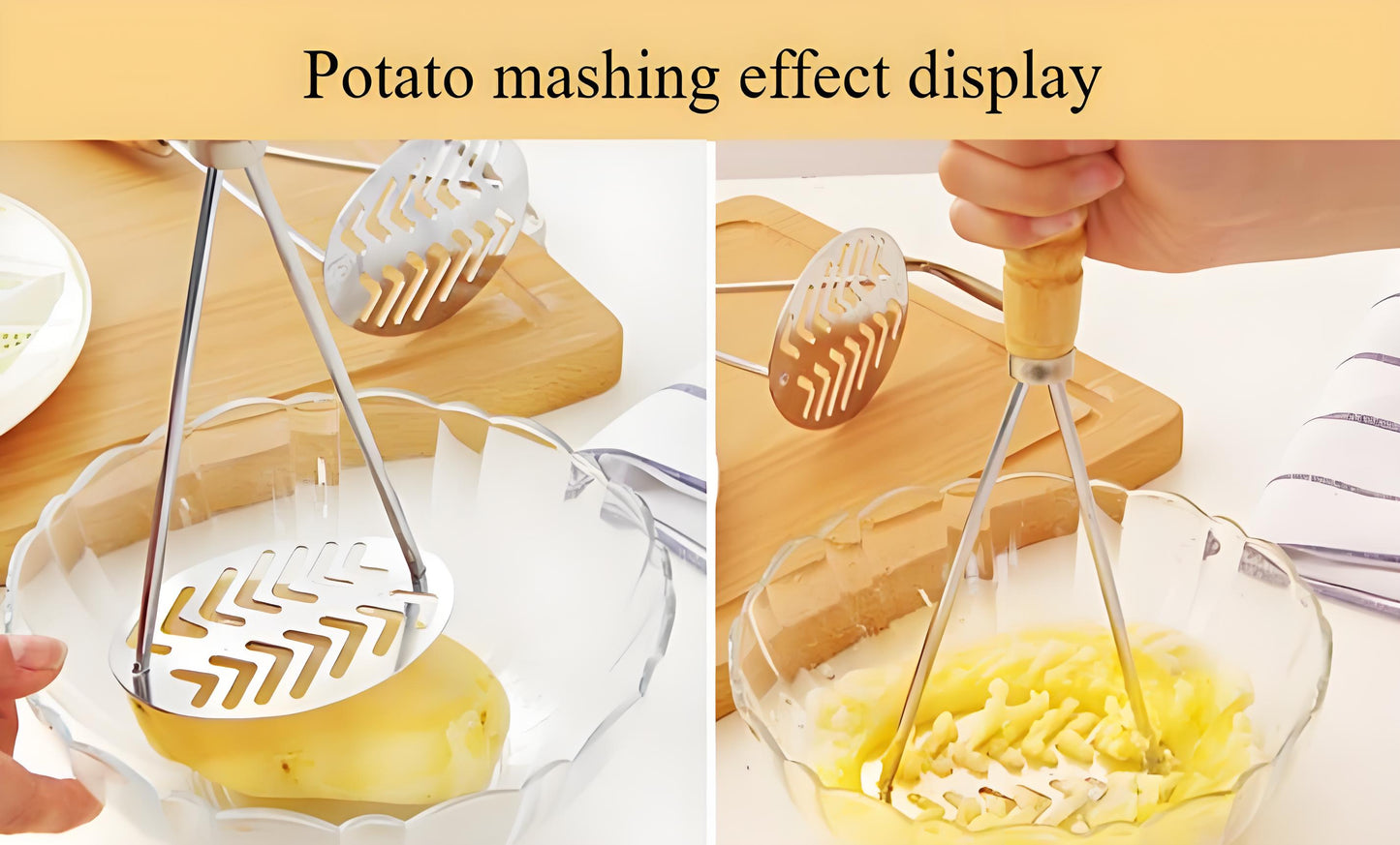 Stainless Steel Potato Masher with Wooden Handle - Heavy Duty Metal Masher for Potatoes, Sweet Potatoes & Vegetables