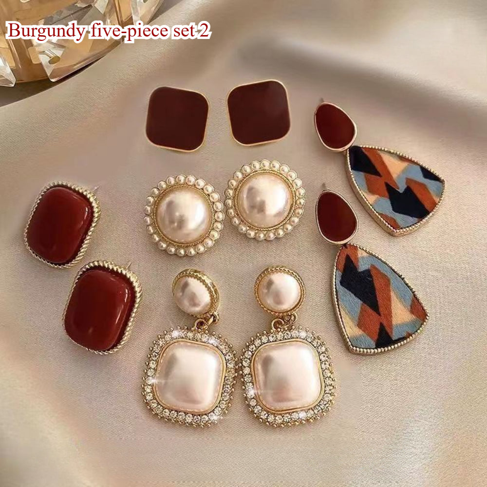 5-Pair Vintage Pearl Earrings Set - S925 Silver Needle Earrings in Wine Red with Advanced Retro Design