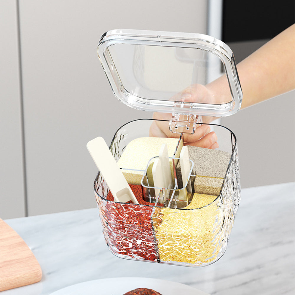 Wave-Pattern 4-in-1 Spice Box with Spoons – Clear Moisture-Proof Kitchen & Camping Organizer