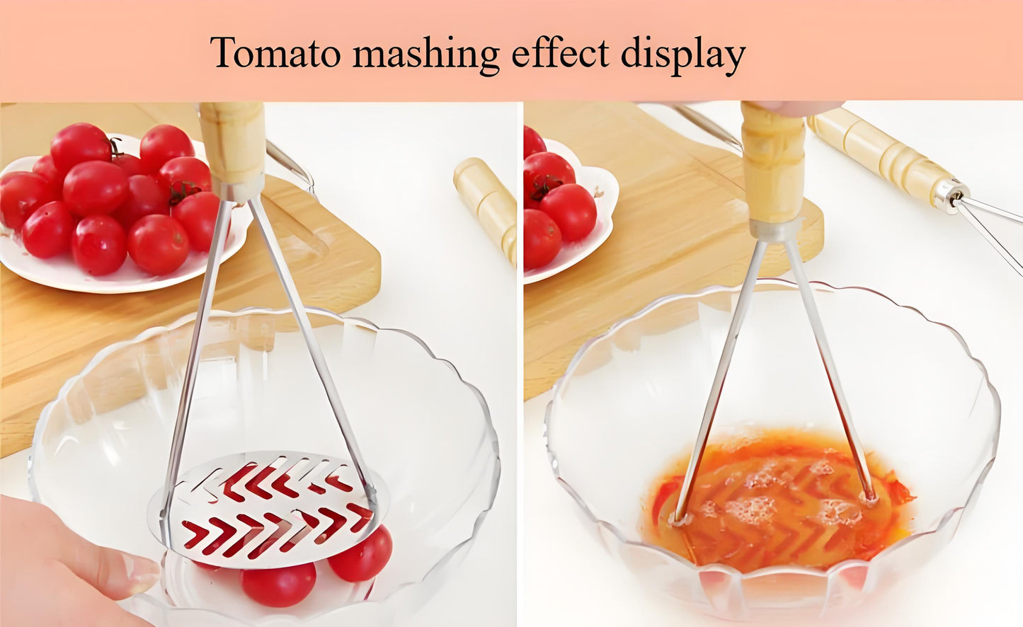 Stainless Steel Potato Masher with Wooden Handle - Heavy Duty Metal Masher for Potatoes, Sweet Potatoes & Vegetables