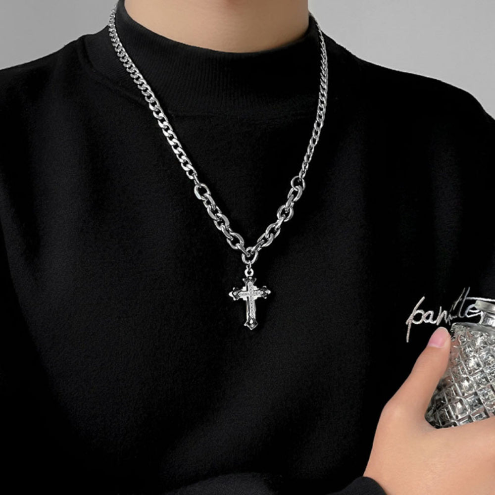 Edgy Layered Cross Choker - Chunky Punk Cuban Chain Necklace with Gothic Crucifix Charm - Silver Gothic Jewelry for Women