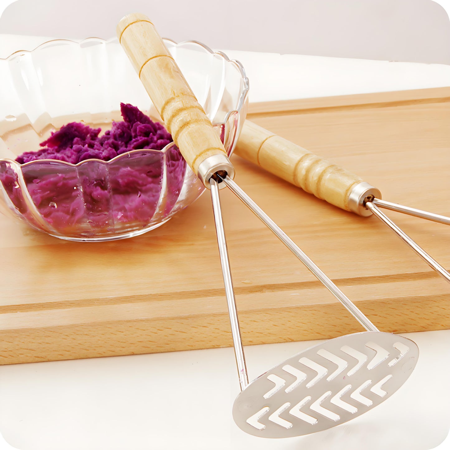 Stainless Steel Potato Masher with Wooden Handle - Heavy Duty Metal Masher for Potatoes, Sweet Potatoes & Vegetables