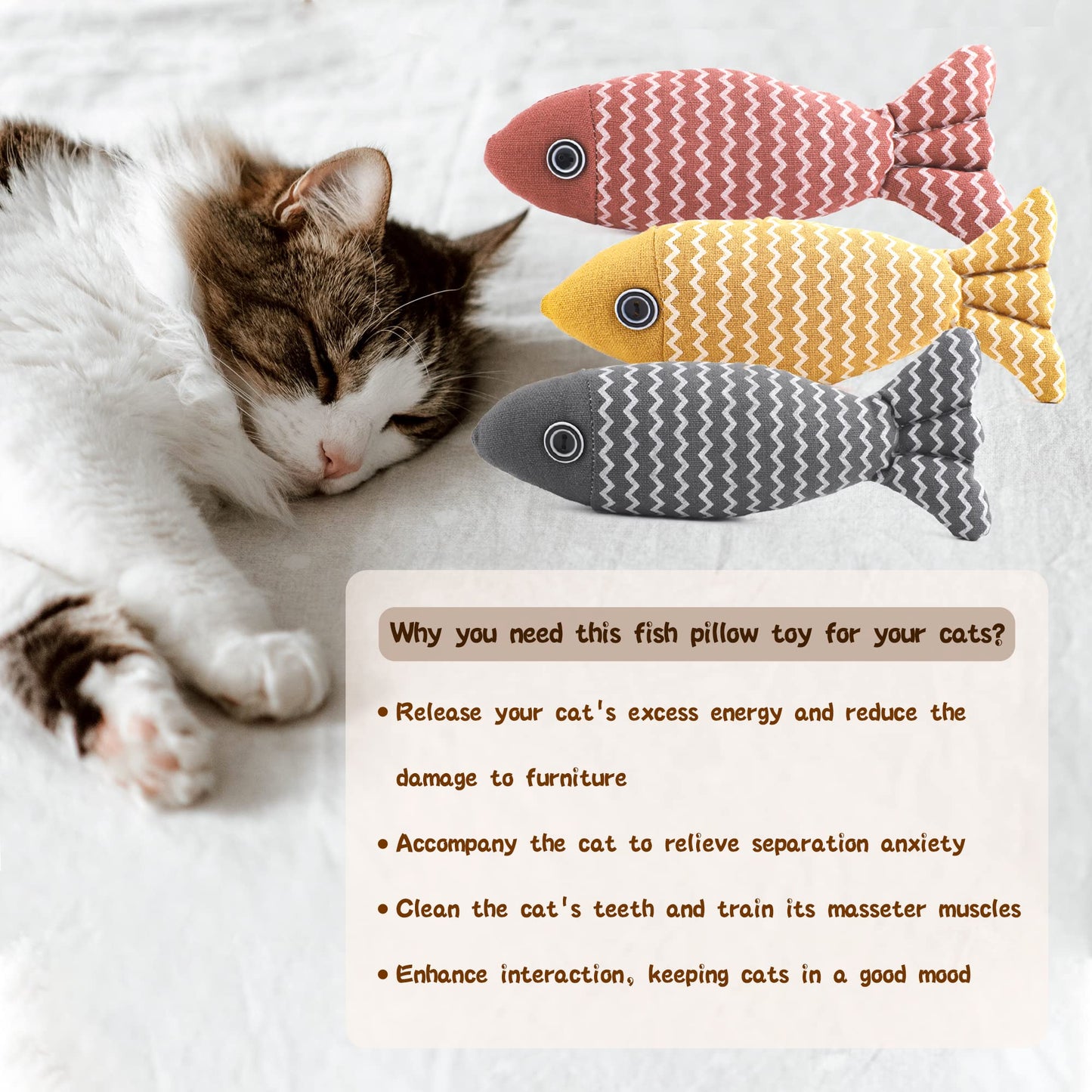 3 - Piece Catnip Fish Toys for Indoor Cats - Red, Yellow, Grey
