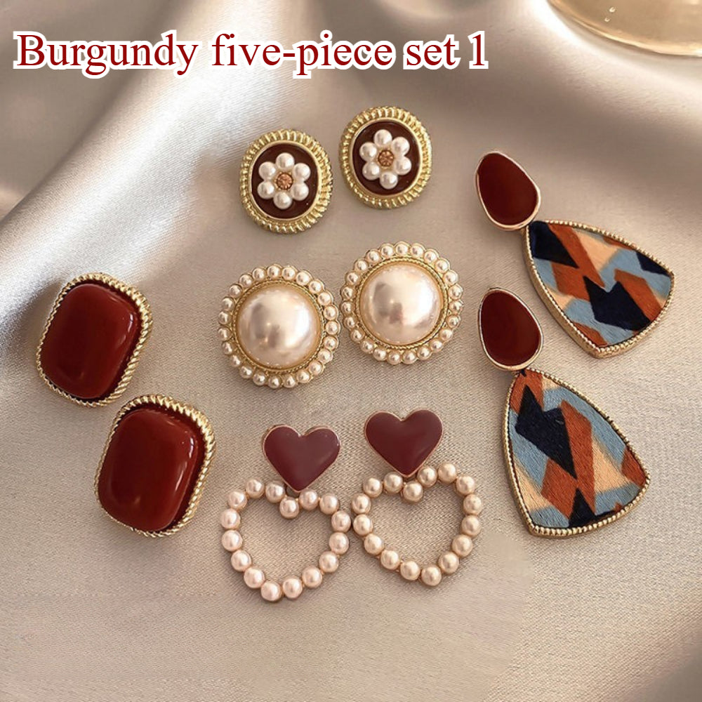 5-Pair Vintage Pearl Earrings Set - S925 Silver Needle Earrings in Wine Red with Advanced Retro Design