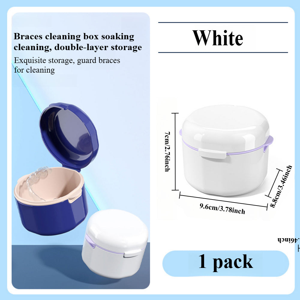 Orthodontic Cleaning Kit - Denture Bath Box with Strainer for Braces, Retainers & Dentures | Portable Double-Layer Case