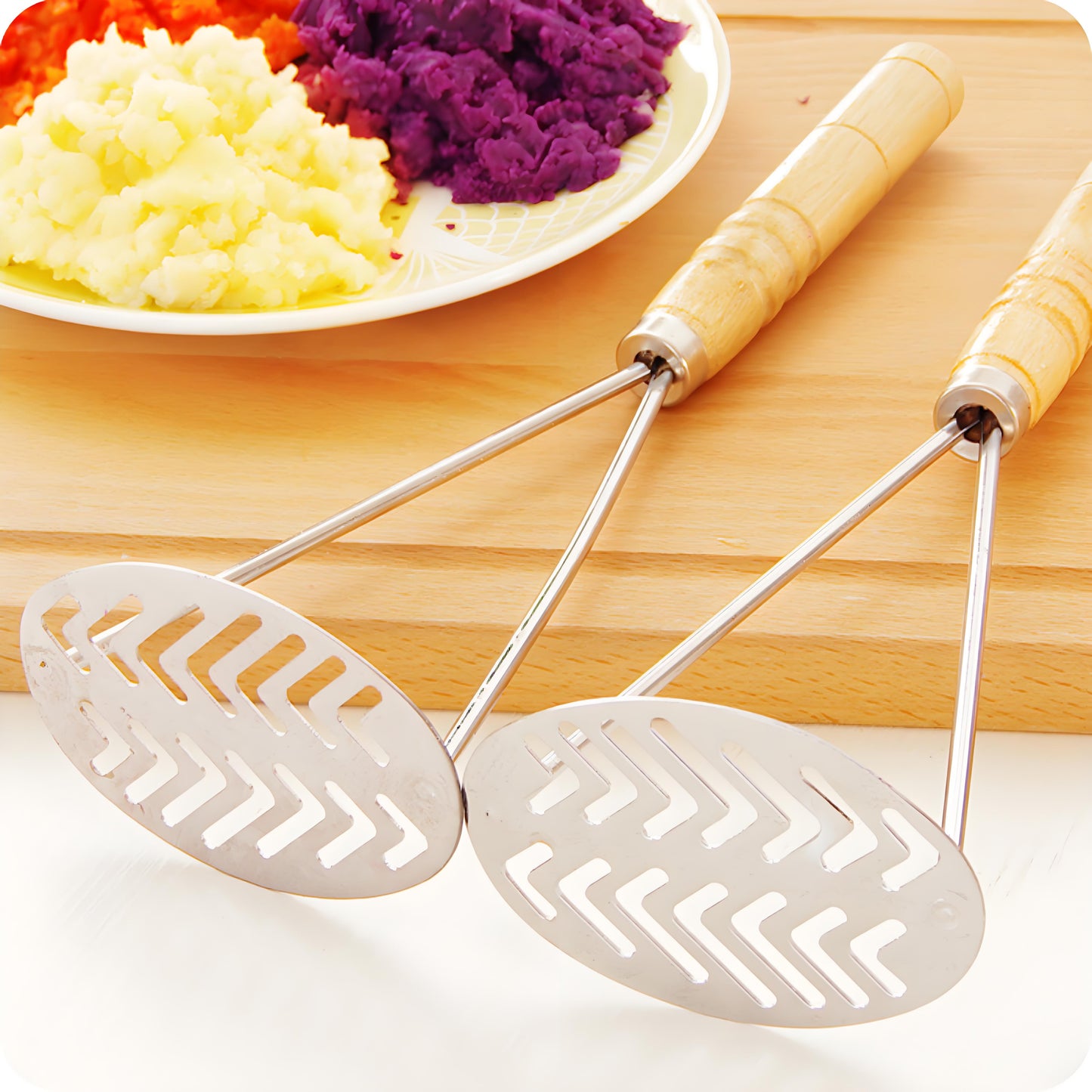 Stainless Steel Potato Masher with Wooden Handle - Heavy Duty Metal Masher for Potatoes, Sweet Potatoes & Vegetables