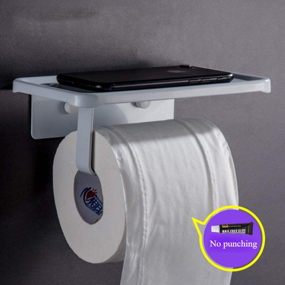 Premium Space-Saving Toilet Paper Holder with Shelf – Wall Mounted (Adhesive/Drill Options), Aluminum Organizer for Tissues