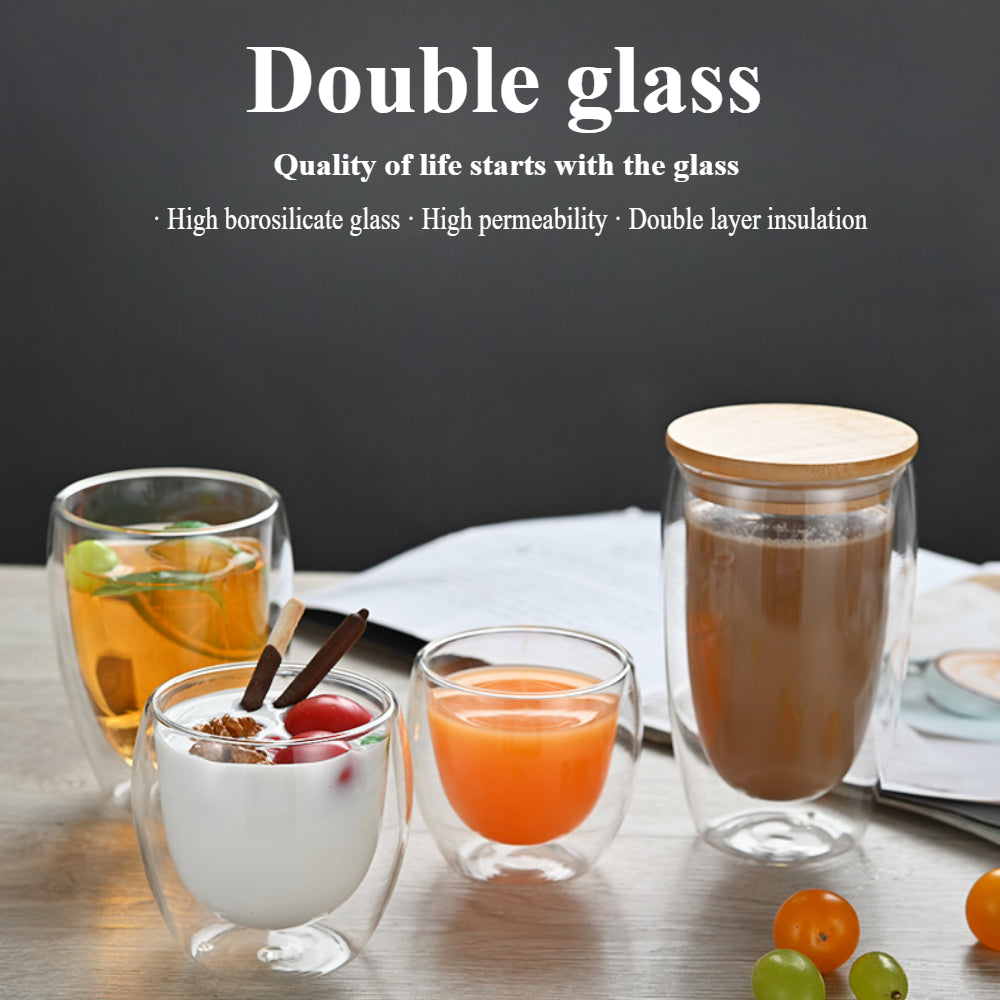 Double Walled Glass Coffee Mugs with Bamboo Lid & Handle – Insulated Clear Cups for Coffee, Tea, Cappuccino etc.