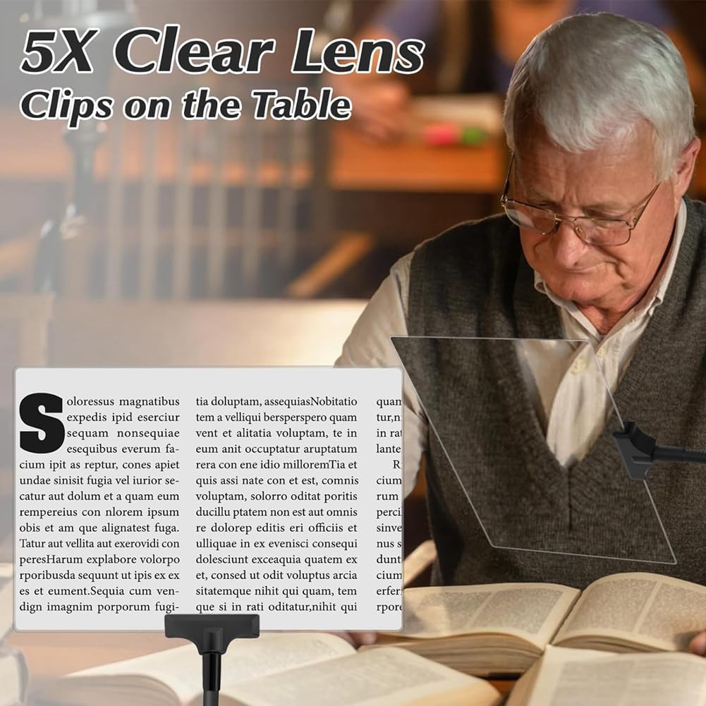 5X Magnifying Glass with Adjustable Gooseneck & Stand – Clip-On Design for Reading, Crafting, and Low Vision Seniors