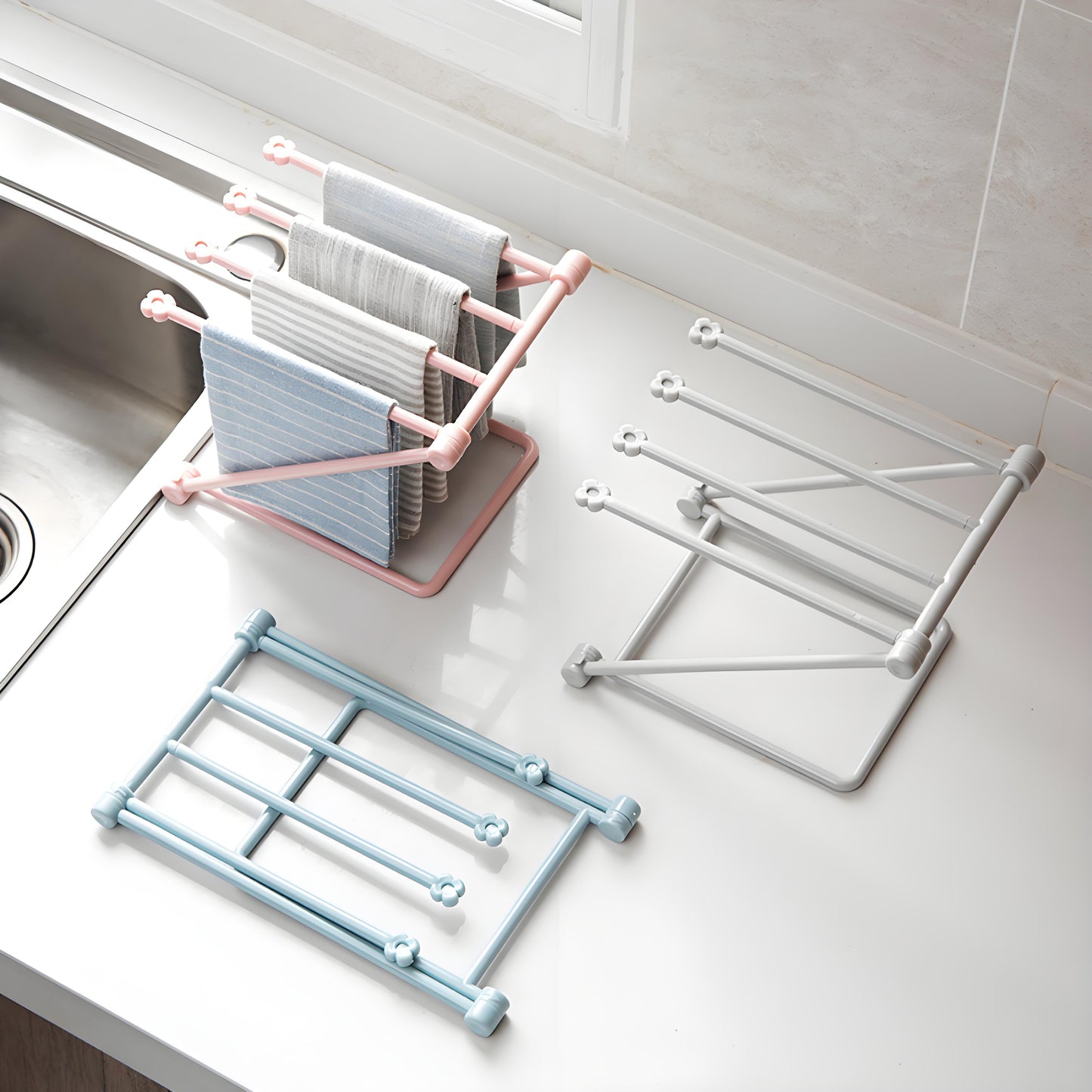 Compact 4-Arm Dish Rag Holder - Foldable Countertop Drying Rack for Kitchen Cloths