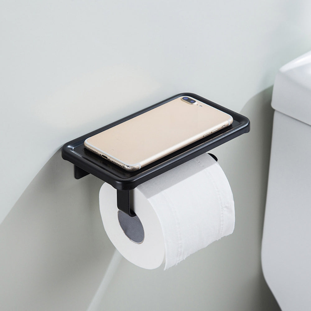 Premium Space-Saving Toilet Paper Holder with Shelf – Wall Mounted (Adhesive/Drill Options), Aluminum Organizer for Tissues