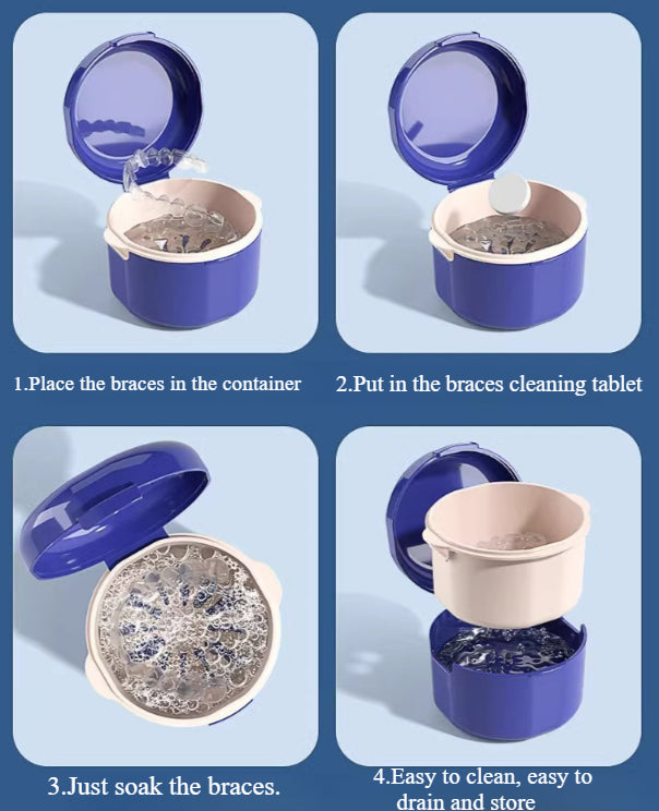 Orthodontic Cleaning Kit - Denture Bath Box with Strainer for Braces, Retainers & Dentures | Portable Double-Layer Case