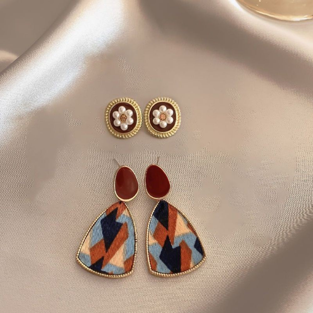 5-Pair Vintage Pearl Earrings Set - S925 Silver Needle Earrings in Wine Red with Advanced Retro Design