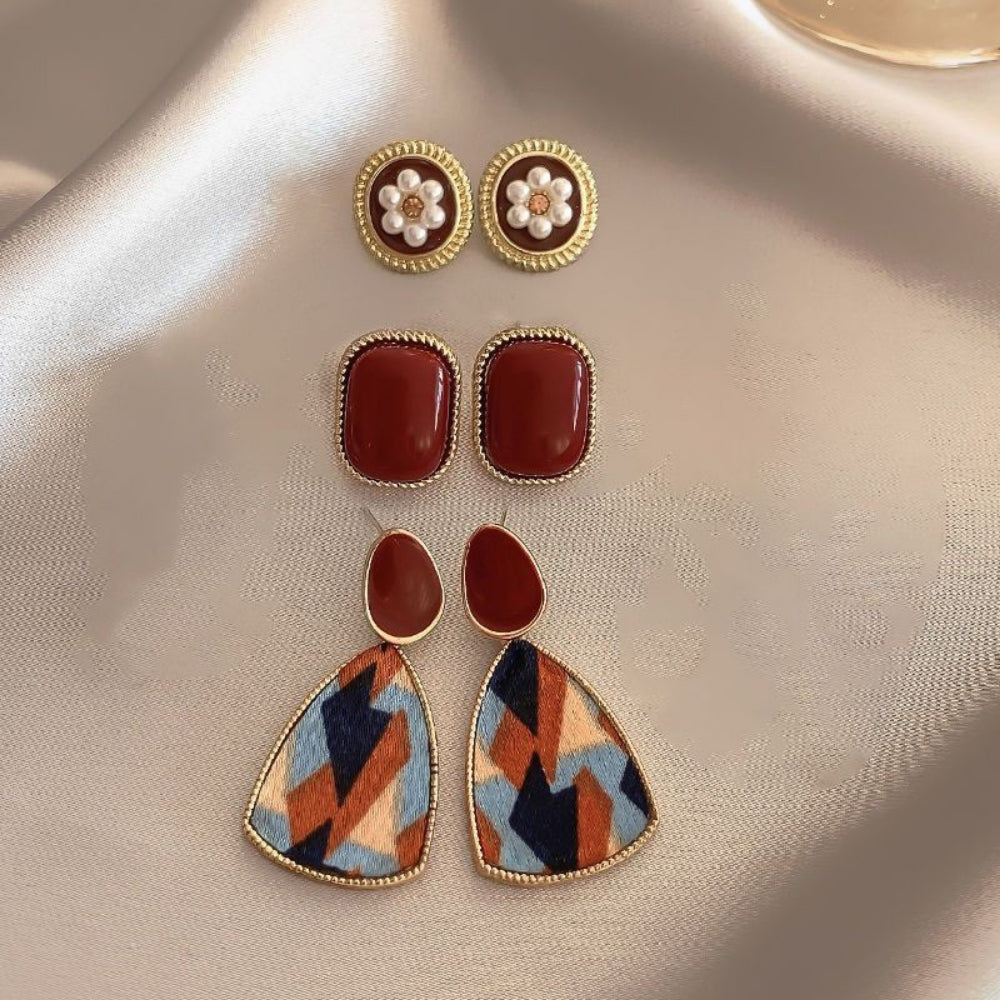 5-Pair Vintage Pearl Earrings Set - S925 Silver Needle Earrings in Wine Red with Advanced Retro Design