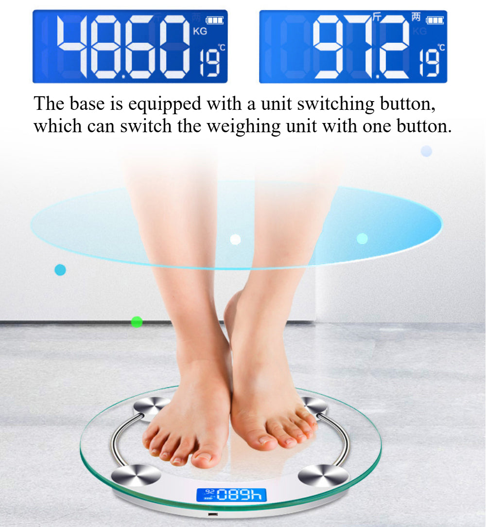 USB Charging money,Modern Glass Digital Scale - Accurate Body Weight Tracking with LCD Screen, 180KG Max, Sleek Round Design