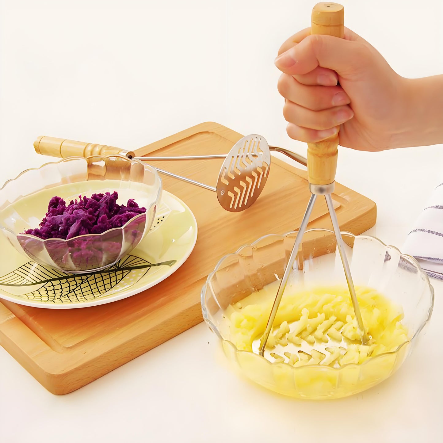 Stainless Steel Potato Masher with Wooden Handle - Heavy Duty Metal Masher for Potatoes, Sweet Potatoes & Vegetables
