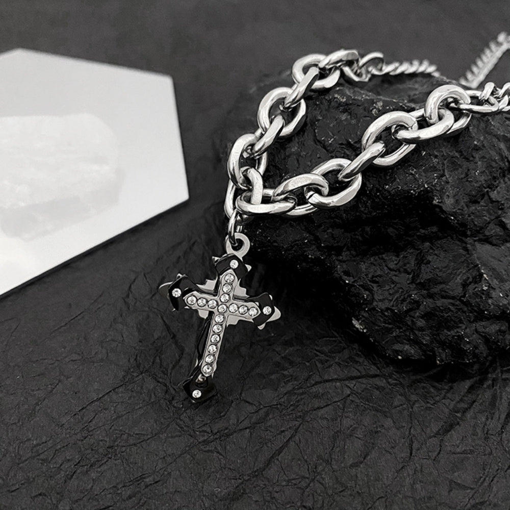 Edgy Layered Cross Choker - Chunky Punk Cuban Chain Necklace with Gothic Crucifix Charm - Silver Gothic Jewelry for Women