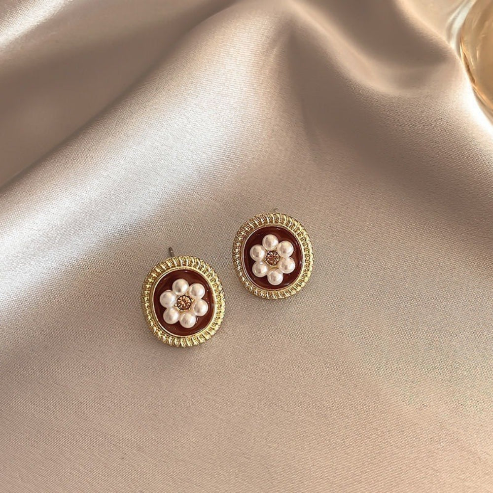 5-Pair Vintage Pearl Earrings Set - S925 Silver Needle Earrings in Wine Red with Advanced Retro Design