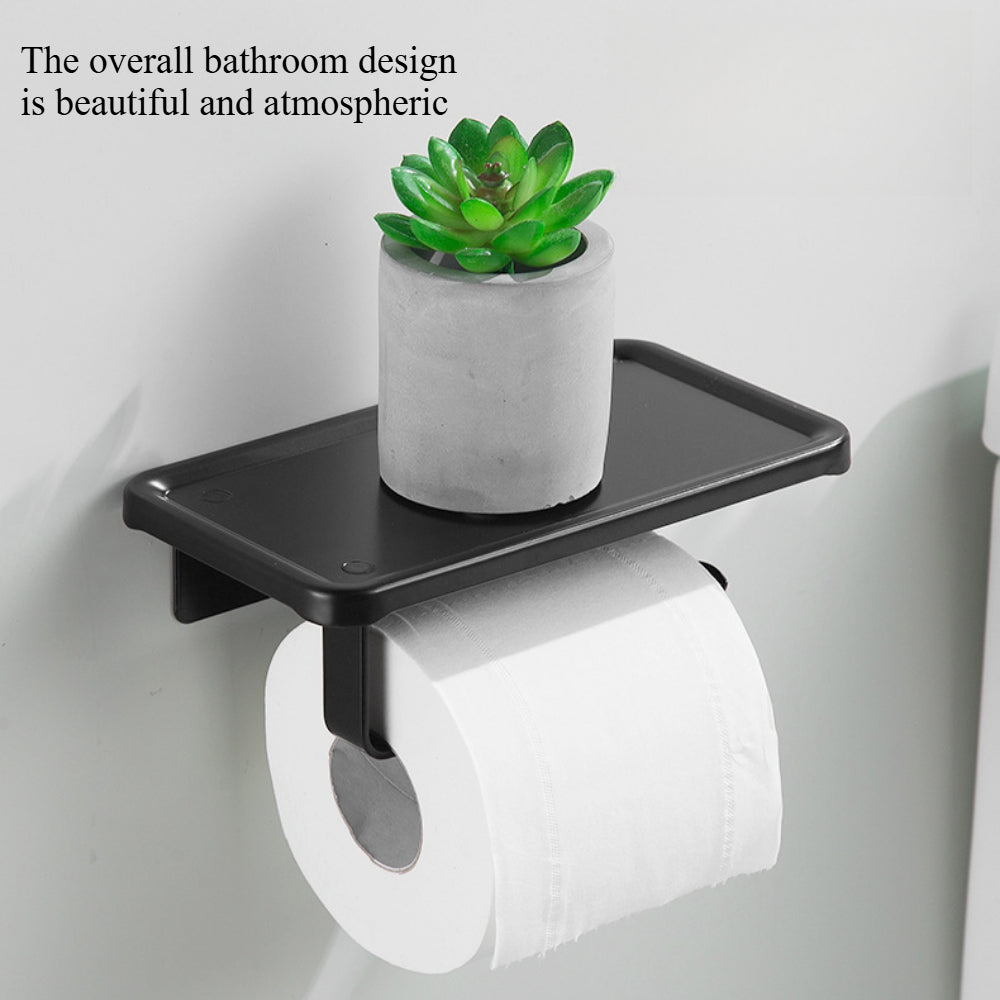 Premium Space-Saving Toilet Paper Holder with Shelf – Wall Mounted (Adhesive/Drill Options), Aluminum Organizer for Tissues