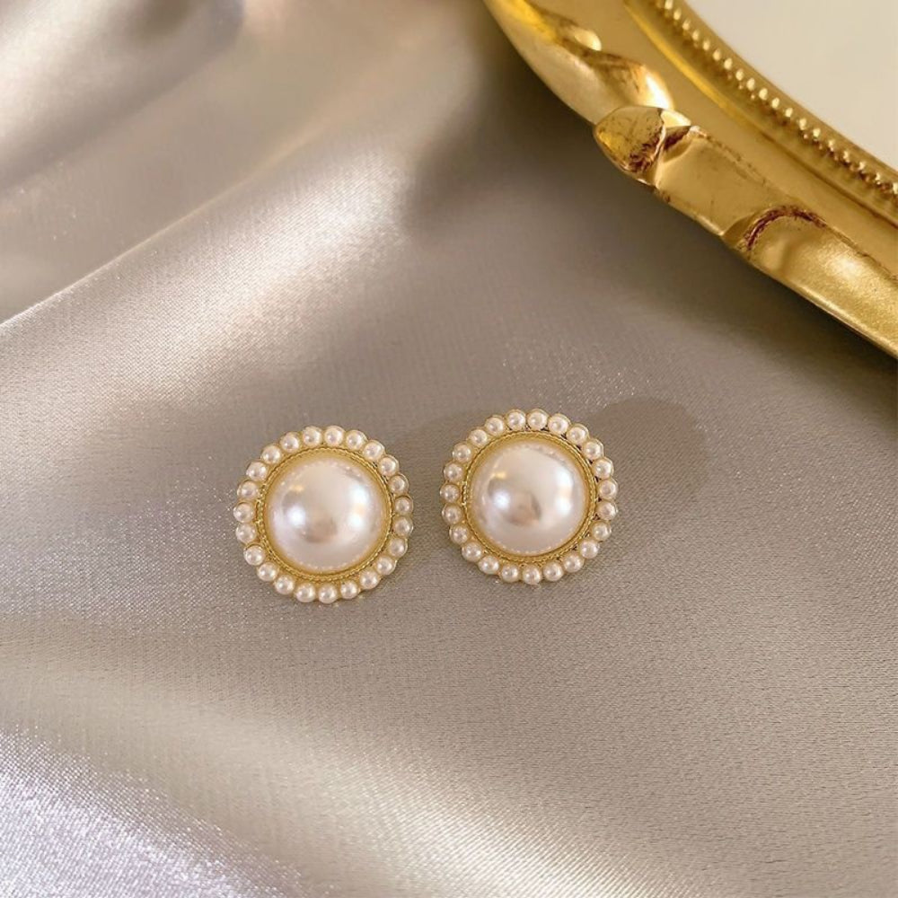5-Pair Vintage Pearl Earrings Set - S925 Silver Needle Earrings in Wine Red with Advanced Retro Design