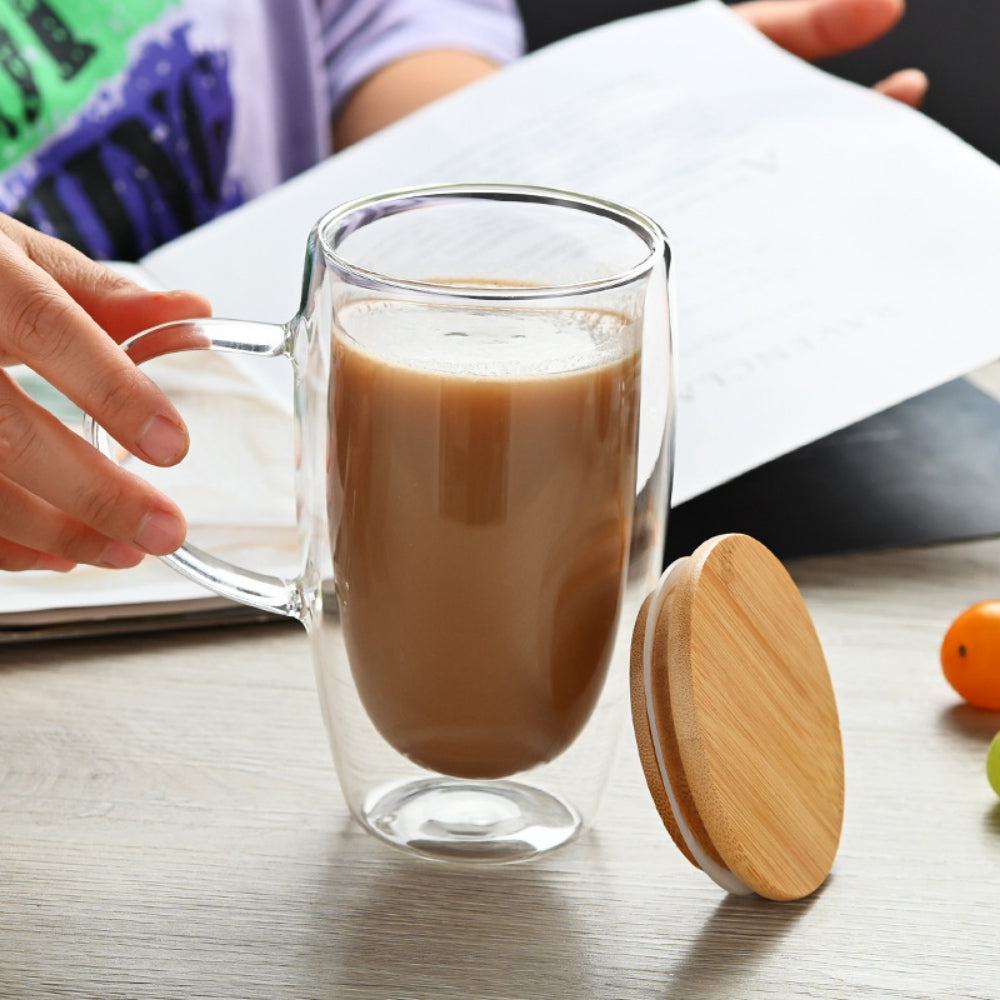 Double Walled Glass Coffee Mugs with Bamboo Lid & Handle – Insulated Clear Cups for Coffee, Tea, Cappuccino etc.