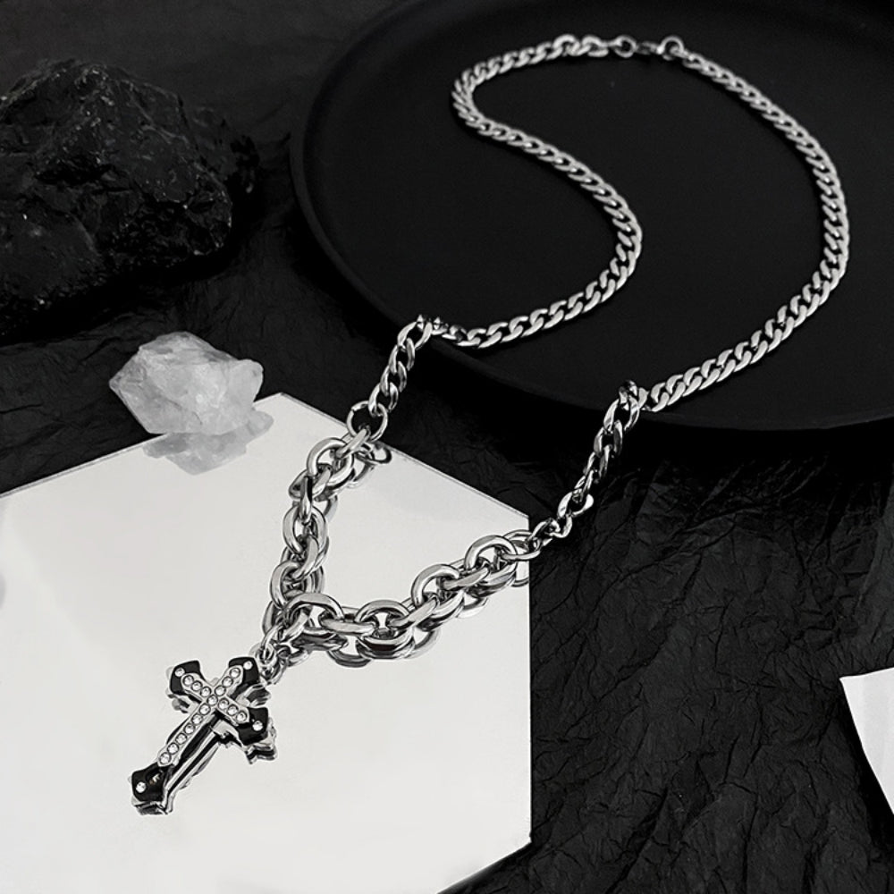Edgy Layered Cross Choker - Chunky Punk Cuban Chain Necklace with Gothic Crucifix Charm - Silver Gothic Jewelry for Women
