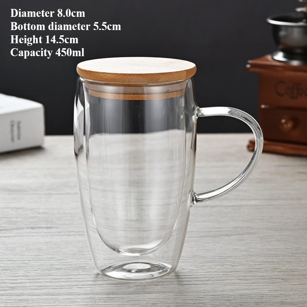 Double Walled Glass Coffee Mugs with Bamboo Lid & Handle – Insulated Clear Cups for Coffee, Tea, Cappuccino etc.