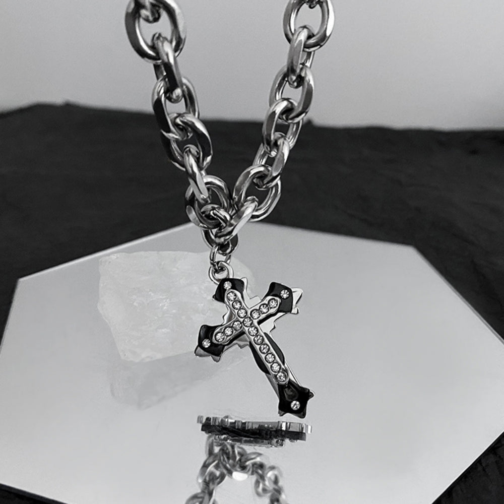 Edgy Layered Cross Choker - Chunky Punk Cuban Chain Necklace with Gothic Crucifix Charm - Silver Gothic Jewelry for Women
