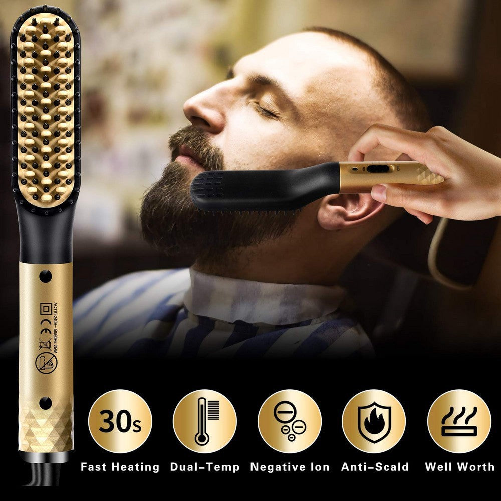 2-in-1 Electric Hair Straightener & Curling Brush – Dual Voltage Fast Heating, Anti-Scald Design for Men & Women