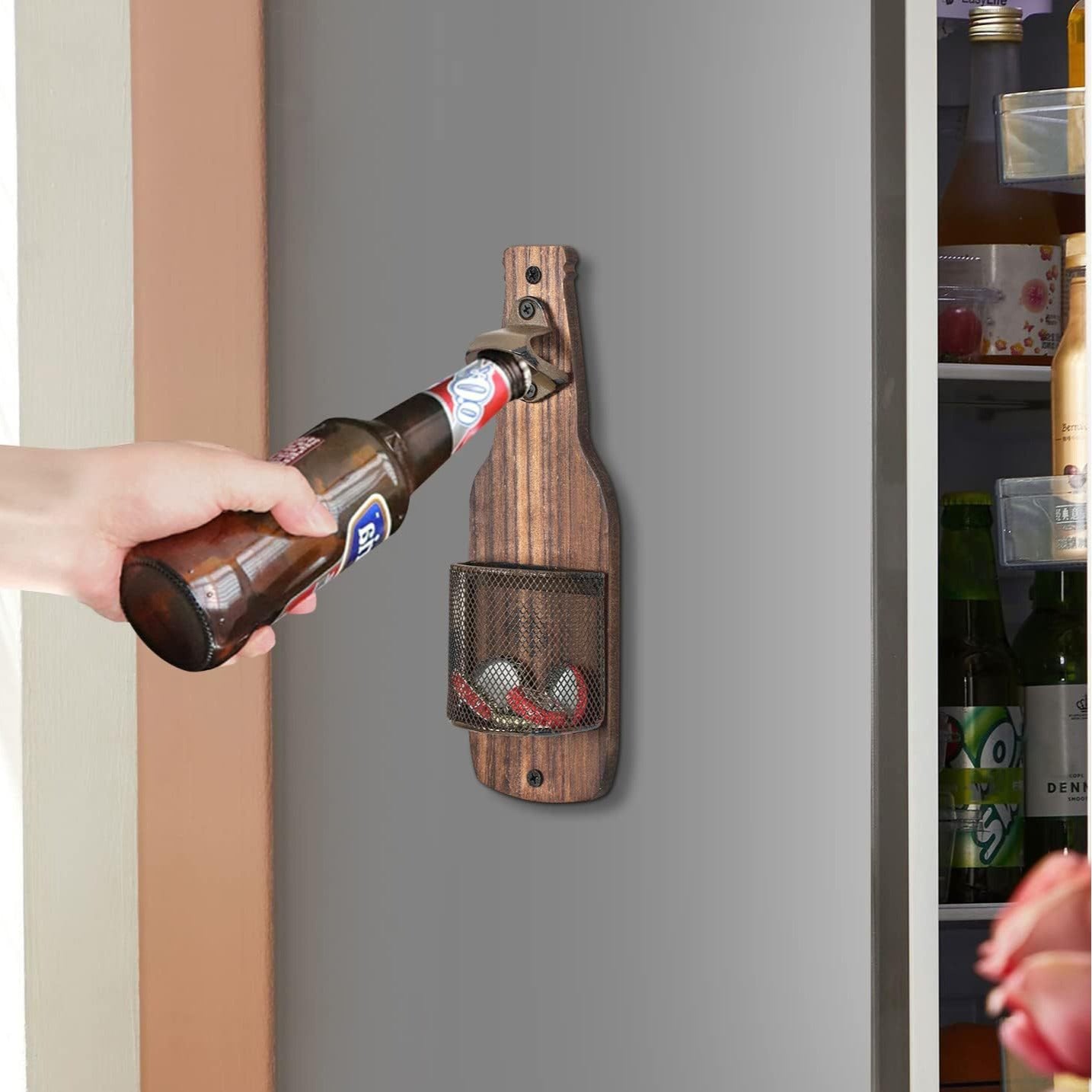 Classic Wooden Bottle Opener with Magnetic Cap Catcher – Vintage-Style Bar Essential