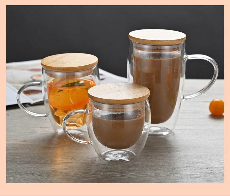 Double Walled Glass Coffee Mugs with Bamboo Lid & Handle – Insulated Clear Cups for Coffee, Tea, Cappuccino etc.