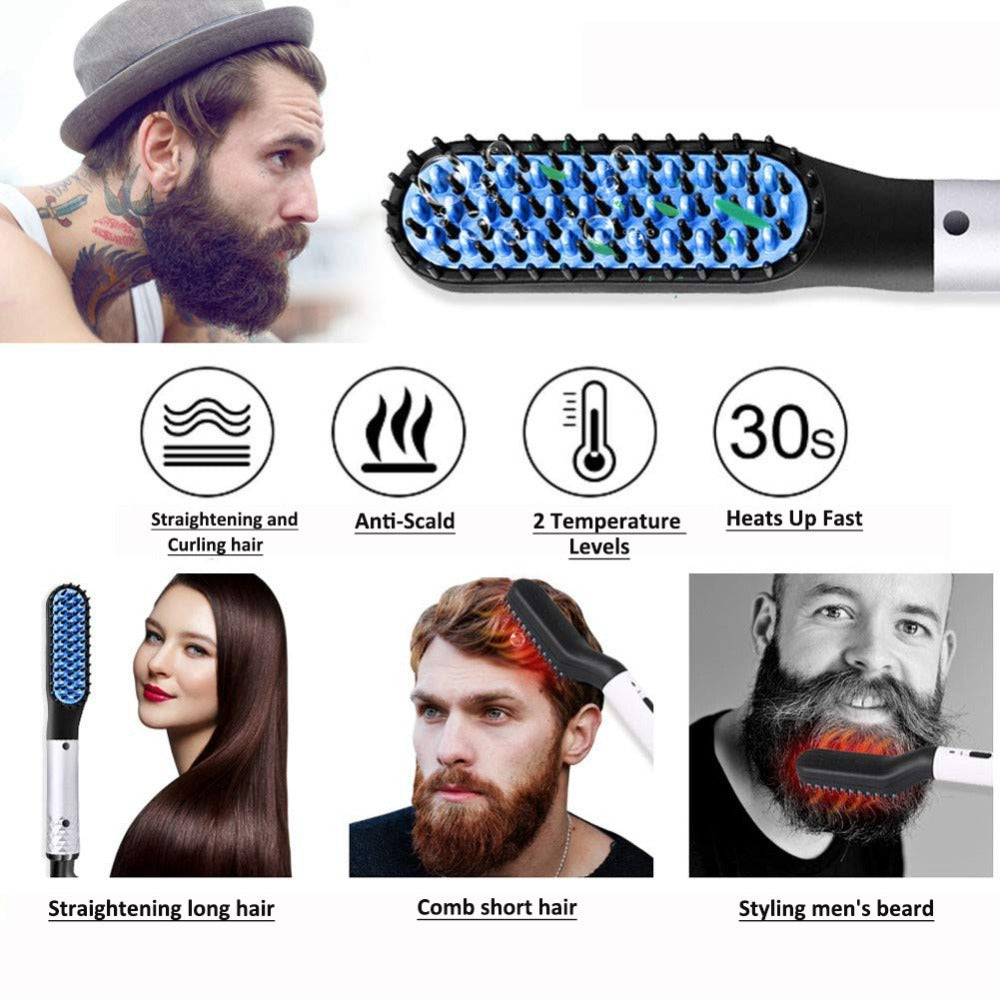 2-in-1 Electric Hair Straightener & Curling Brush – Dual Voltage Fast Heating, Anti-Scald Design for Men & Women