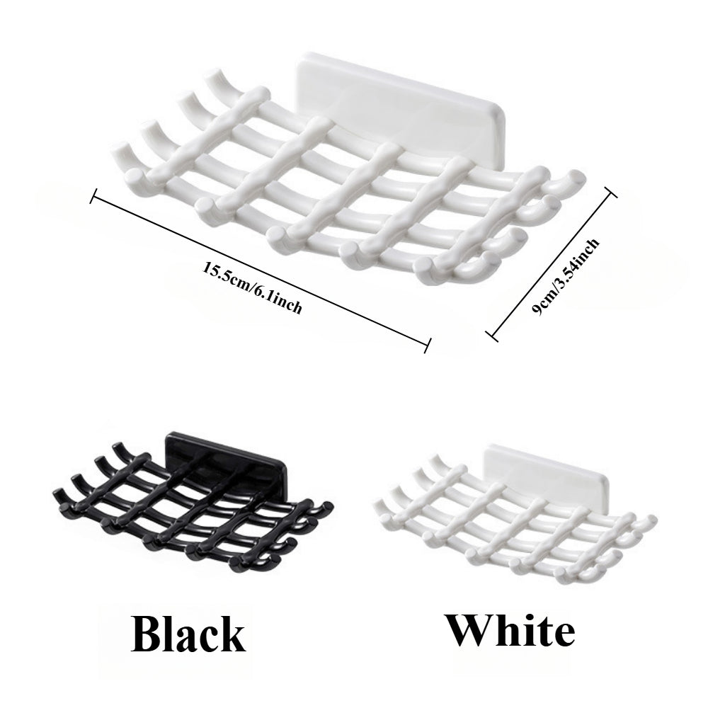 2-Pack Self-Draining Soap Dish for Shower - No Drill Adhesive Wall Mount Soap Holder with Hooks for Bathroom & Kitchen (Black/White)