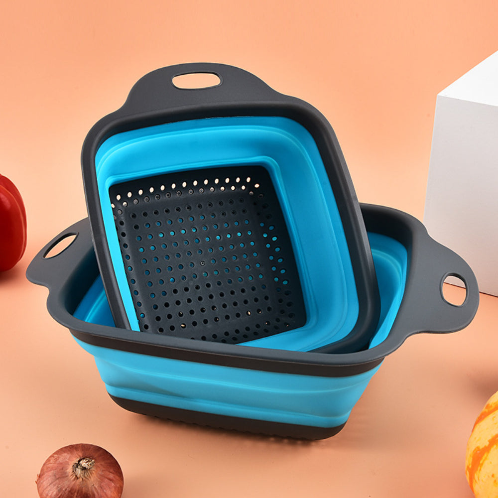 Foldable Silicone Colander Set (2-Size) - Square Kitchen Strainer for Pasta, Fruits & Vegetables