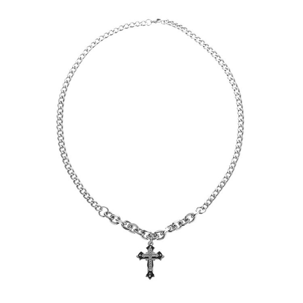 Edgy Layered Cross Choker - Chunky Punk Cuban Chain Necklace with Gothic Crucifix Charm - Silver Gothic Jewelry for Women